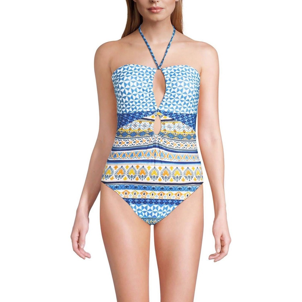 Lands' End NWT Halter Cutout One‎ Piece Swimsuit Bathing Suit Blue Yellow 18